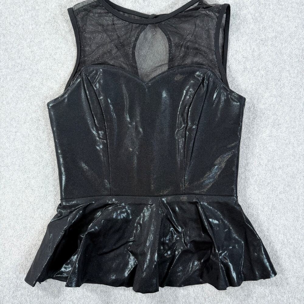Rivar's Black Shiny Peplum Structure Top Women's Medium Mesh Sheer High Neck